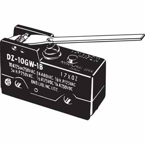 Công tắc hành trình cơ bản chuyên dụng OMRON DZ-10GW-1B Hinge lever; DPDT; 10A at 250VAC; 1.67N; 49.2mm; 27.9mm; 17.45mm