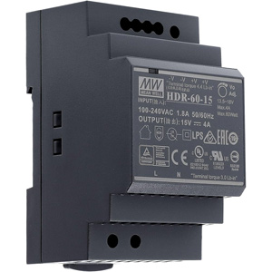 Thanh ray 60W HDR-60 series MEAN WELL HDR-60-15 Nguồn cấp: 90...132VAC; Số đầu ra: 1; 15VDC; 4A; 60W; Lắp thanh ray DIN