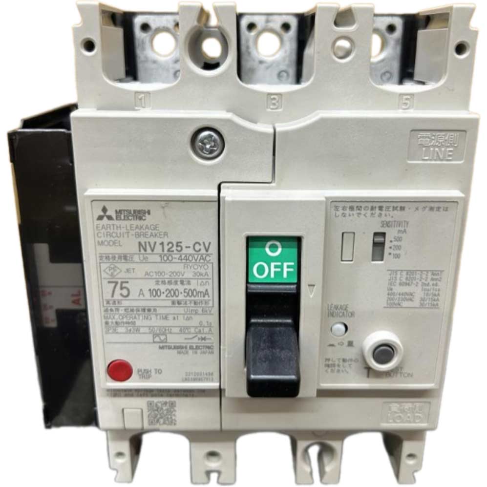 Aptomat khối chống giật 3 pha (ELCB) MITSUBISHI NV125-CV 3P 75A 10kA 1.2.500mA .