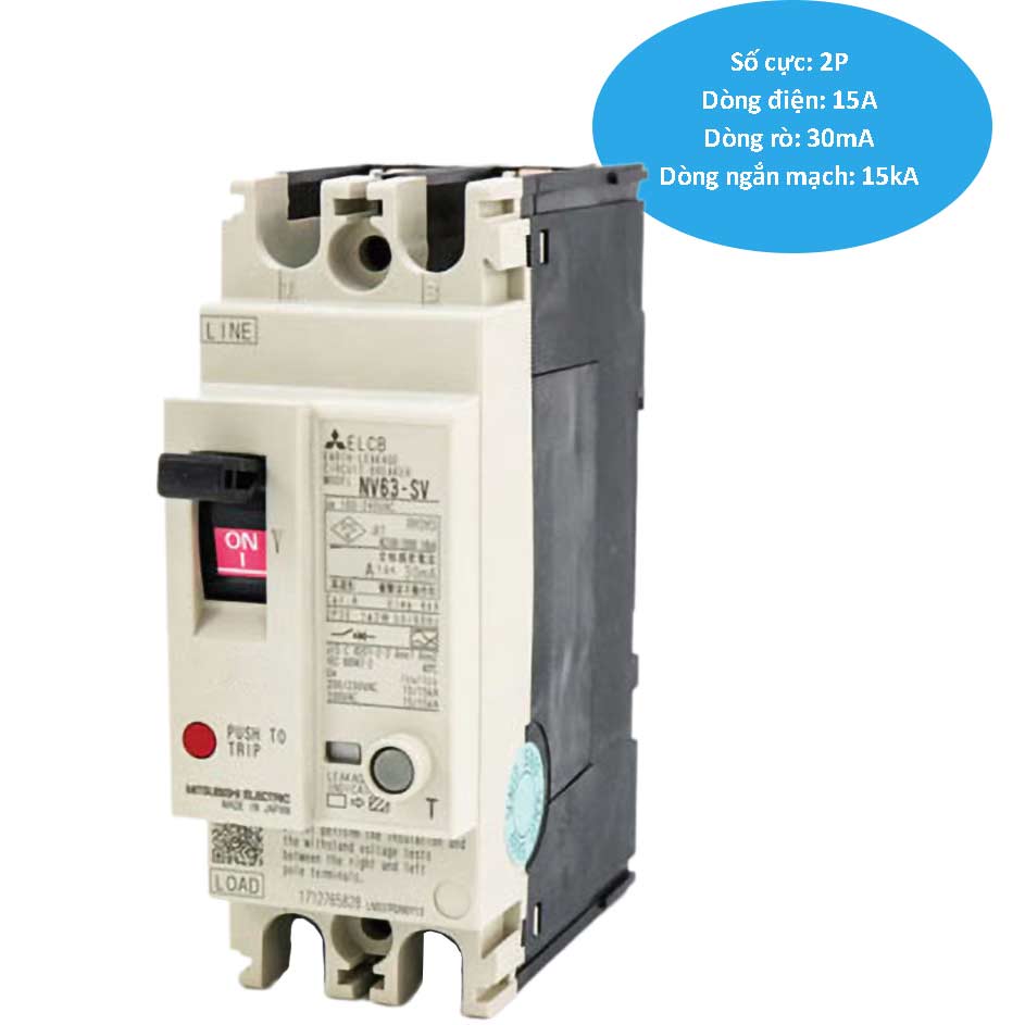 Aptomat khối chống giật 2 cực MITSUBISHI NV63-SV 2P 15A 15kA 30mA .