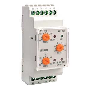 Rơ le bảo vệ pha và điện áp SELEC VPRA2M-RoHS 230VAC; Chức năng bảo vệ: Quá áp, Thấp áp, Mất pha, Thứ tự pha (đảo pha), Mất cân bằng pha (Không đối xứng); Điện áp đầu vào: 230VAC; Cài đặt điện áp thấp (% điện áp đầu vào): 55...95%; Cài đặt quá áp (% điện áp đầu vào): 105...125%