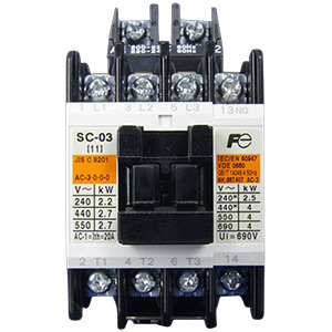 Khởi động từ (Contactor) FUJI SC-03 AC220V 1A Dòng điện (Ie): 9A; Số cực: 3P; Tiếp điểm chính: 3NO; Cuộn dây: 200...220VAC; Tiếp điểm phụ: 1NO