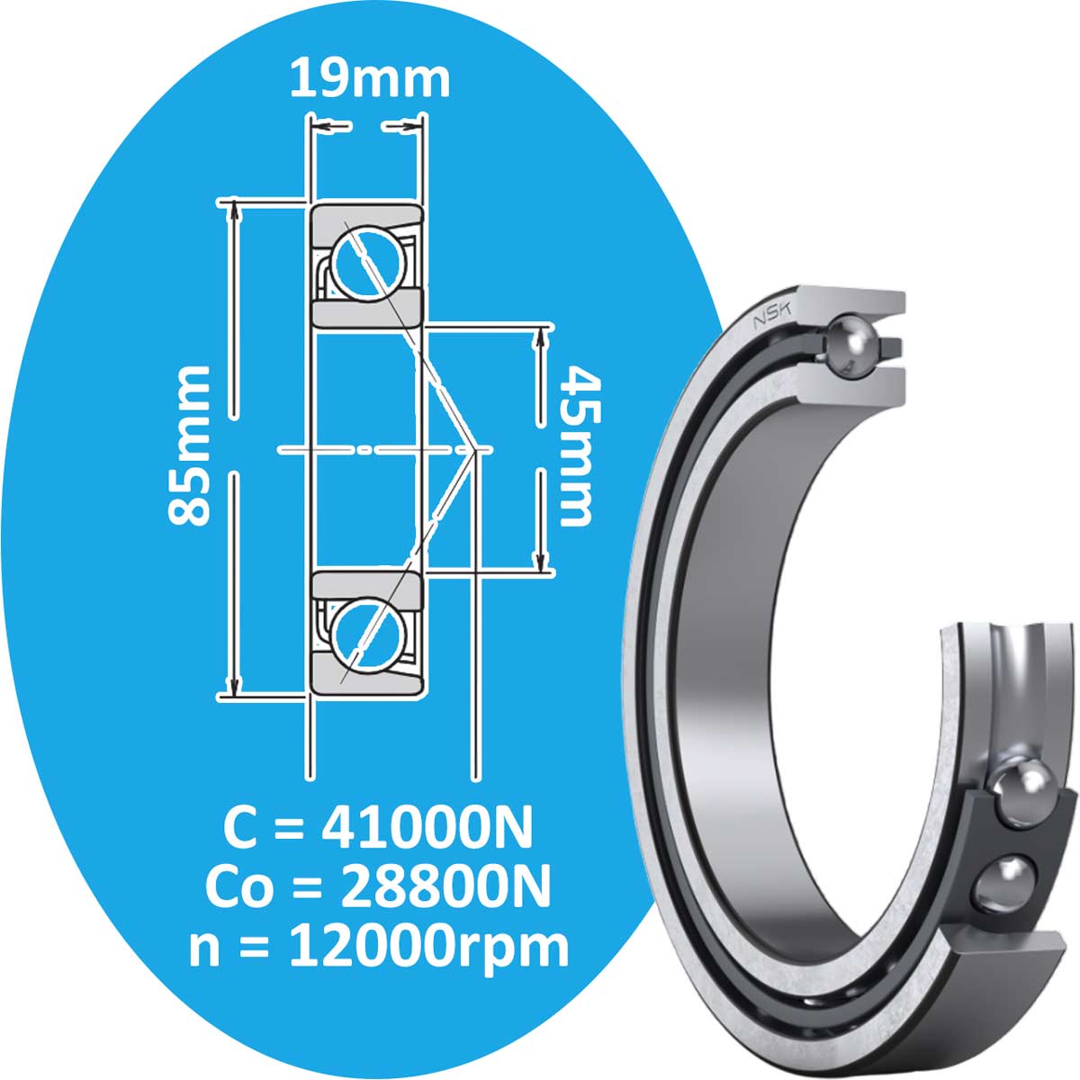 7209C NSK Vòng bi cầu tiếp xúc góc 1 dãy d45