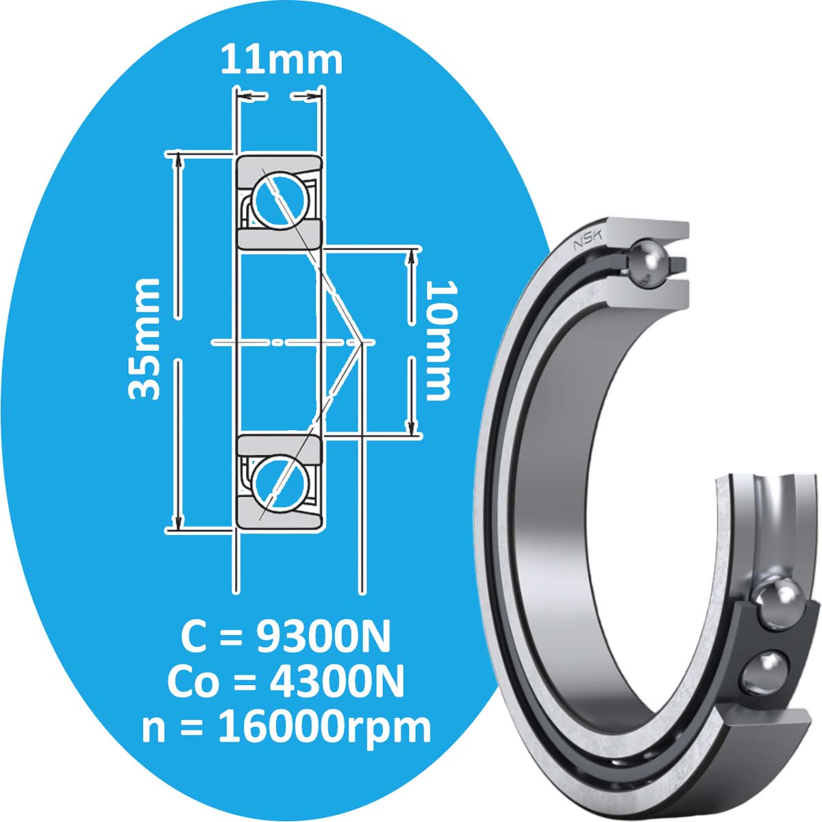 7300A NSK Vòng bi cầu tiếp xúc góc 1 dãy d10