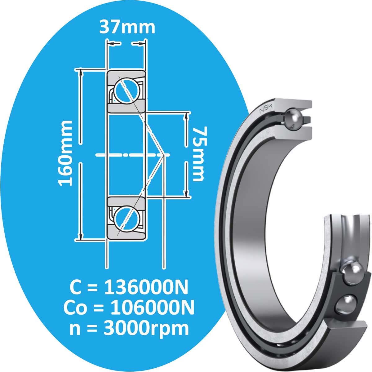 7315A NSK Vòng bi cầu tiếp xúc góc 1 dãy d75
