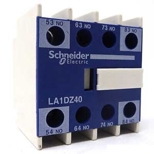 Tiếp điểm phụ SCHNEIDER LA1DZ40 4PST (4NO); Phương pháp đấu dây: Bắt vít; Dòng sản phẩm tương thích: CAD, LC1D, LC1F, CR1F, HW series, S16SR series