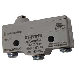 Công tắc hành trình HANYOUNG HY-P701B Pin plunger; SPDT; 10A at 250VAC; 3.73N; 49.2mm; 24.5mm; 17.45mm