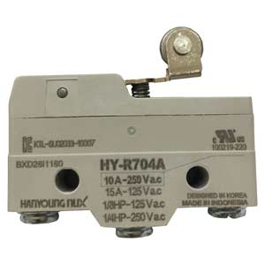 Công tắc hành trình HANYOUNG HY-R704A Hinge roller lever; SPDT; 10A at 250VAC; 1.57N; 49.2mm; 30.2mm; 17.45mm