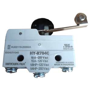 Công tắc hành trình HANYOUNG HY-R704C Hinge roller lever; SPDT; 10A at 250VAC; 0.98N; 49.2mm; 30.2mm; 17.45mm