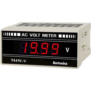 Đồng hồ đo hiển thị số (cho ampe kế) AUTONICS M4W-AV-3 Màn hình LED; Nguồn cấp: 100...240VAC; Thông số đo lường: Voltage (L-N); Dải hiển thị: 0...19.99; Đơn vị hiển thị: VAC; Kích thước lỗ cắt: W92xH45mm