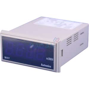 Đồng hồ đo hiển thị số AUTONICS M4Y-S-1 Màn hình LED; Nguồn cấp: 100...240VAC; Thông số đo lường: Passing speed; Dải hiển thị: 0...1999; Đơn vị hiển thị: m/min; Kích thước lỗ cắt: W68xH31.5mm
