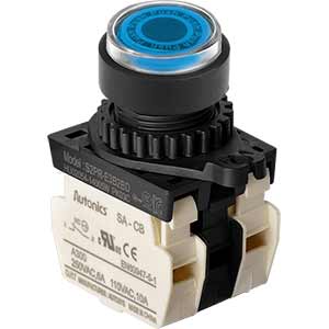 Nút nhấn D22-25mm (có đèn) AUTONICS S2PR-E3B2BLM Có đèn; 100...240VAC; D22, D25; Xanh da trời; 2NC; Nhấn nhả; Round full-guard (Flush); Chất liệu vỏ: Plastic; Chất liệu vòng bezel: Plastic