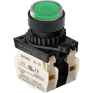 Nút nhấn D22-25mm (có đèn) AUTONICS S2PR-E3G2BLM Có đèn; 100...240VAC; D22, D25; Xanh lá; 2NC; Nhấn nhả; Round full-guard (Flush); Chất liệu vỏ: Plastic; Chất liệu vòng bezel: Plastic
