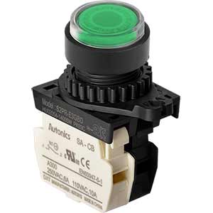 Nút nhấn D22-25mm (có đèn) AUTONICS S2PR-E3GBLM Có đèn; 100...240VAC; D22, D25; Xanh lá; 1NC; Nhấn nhả; Round full-guard (Flush); Chất liệu vỏ: Plastic; Chất liệu vòng bezel: Plastic