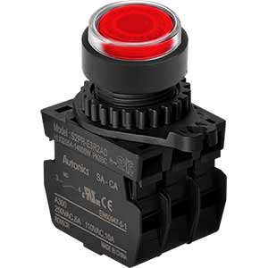 Nút nhấn D22-25mm (có đèn) AUTONICS S2PR-E3R2ALM Có đèn; 100...240VAC; D22, D25; Đỏ; 2NO; Nhấn nhả; Round full-guard (Flush); Chất liệu vỏ: Plastic; Chất liệu vòng bezel: Plastic
