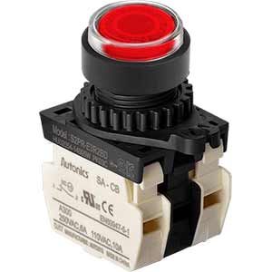 Nút nhấn D22-25mm (có đèn) AUTONICS S2PR-E3R2BLM Có đèn; 100...240VAC; D22, D25; Đỏ; 2NC; Nhấn nhả; Round full-guard (Flush); Chất liệu vỏ: Plastic; Chất liệu vòng bezel: Plastic