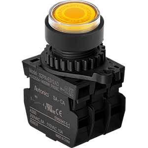 Nút nhấn D22-25mm (có đèn) AUTONICS S2PR-E3Y2ALM Có đèn; 100...240VAC; D22, D25; Vàng; 2NO; Nhấn nhả; Round full-guard (Flush); Chất liệu vỏ: Plastic; Chất liệu vòng bezel: Plastic
