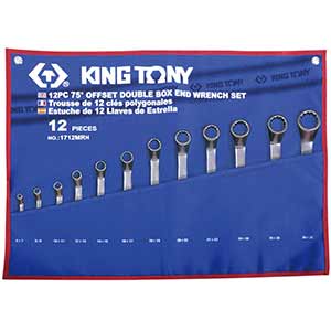 Cờ lê vòng 75 độ KINGTONY 1712MRN Kích thước đầu khớp: 6mm, 10mm, 11mm, 12mm, 13mm, 14mm, 15mm, 16mm, 17mm, 7mm, 8mm, 9mm, 18mm, 19mm, 21mm, 23mm, 20mm, 22mm, 24mm, 25mm, 28mm, 30mm, 32mm, 26mm; Kiểu đầu cờ lê: Offset; Non-ratcheting; Chrome vanadium steel