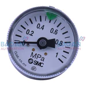 Đồng hồ đo áp suất SMC G46-10-02 Đường kính vòng số: 42.5mm; Loại áp suất: Tuyệt đối; 1.0Mpa; Vị trí đầu nối: Ở giữa thân sau; Lưu chất: Không khí; Kiểu đầu nối: Ren