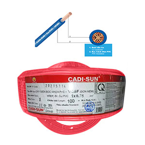 Dây điện đơn mềm ruột đồng CADISUN VCSF 1x0.75-R CU; 1x0.75mm²; Lõi nhiều sợi đồng; Cách điện; Đỏ