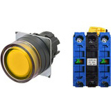 Nút ấn đường kính 22mm OMRON A22NL-BGA-TYA-G101-YD Có đèn; 100VAC, 110VAC, 120VAC; D22, D25; Vàng; 2NO; Nhấn giữ; Round full-guard (Flush); Chất liệu vỏ: Plastic; Chất liệu vòng bezel: Plastic