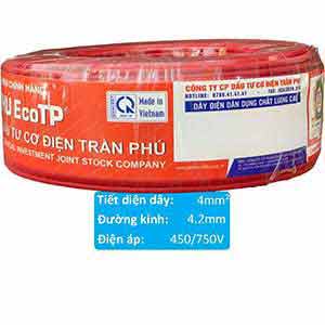 Dây cáp đơn cách điện lõi đồng Trần Phú EcoTP Cu/PVC 1x4.0 Sqmm-R