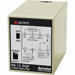 Bộ điều khiển cảm biến loại giăc cắm 8 chân AUTONICS PA-12-PGP 110VAC, 220VAC; Nguồn cảm biến: 12VDC; Loại đầu vào: PNP; Loại đầu ra: PNP open collector; Chức năng thời gian: ON-delay