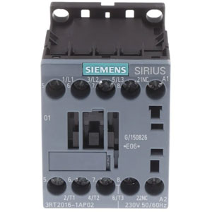 Khởi động từ SIRIUS, 3 pha lên tới 250kW SIEMENS 3RT2016-1AP02 Dòng điện (Ie): 9A; Số cực: 3P; Tiếp điểm chính: 3NO; Cuộn dây: 230VAC; Tiếp điểm phụ: 1NC