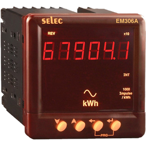 Đồng hồ đo điện năng SELEC EM306A 230VAC; Số chữ số hiển thị: 6; Loại ngõ vào sự kiện: Tiếp điểm; Số ngõ ra: 1