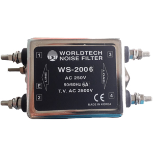 Bộ lọc nhiễu 1 pha WORLD TECH WS-2006 Single phase; Dòng điện định mức: 5A; Điện áp định mức: 250VAC; Phương pháp đấu nối: Bolt stub; Surface mounting