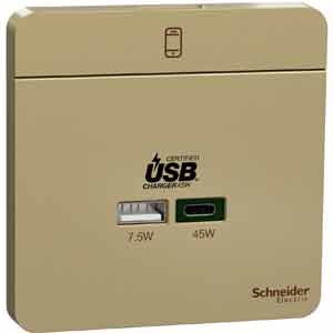 Ổ cắm sạc USB AvatarOn SCHNEIDER E832USB45_WG Số ổ USB: 2; Ổ USB: USB Type-C, USB Type-A; Điện áp đầu vào USB: 220...240VAC; Điện áp đầu ra USB: 20VDC max. (with Type C), 5VDC (with Type A); Cường độ dòng điện đầu ra USB: 3A max. (with Type C), 1.5A (with Type A); Kiểu đấu dây: Bắt vít; Phương pháp lắp đặt: Flush mounting