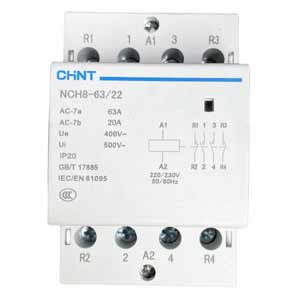 Khởi động từ 20-63A CHINT NCH8-63/22 220/230V 63A; Số cực: 4P; Tiếp điểm chính: 2NO+2NC; Cuộn dây: 220VAC, 230VAC