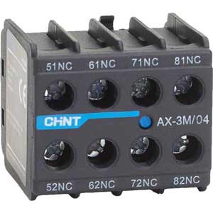 Tiếp điểm phụ cho công tắc tơ dòng NXC CHINT AX-3M/04 Top mounting; 4PST (4NC); Phương pháp đấu dây: Bắt vít; Dòng sản phẩm tương thích: NXC-06M01, NXC-06M10, NXC-09M01, NXC-09M10, NXC-12M01, NXC-12M10