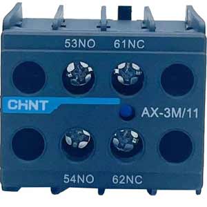 Tiếp điểm phụ cho công tắc tơ dòng NXC CHINT AX-3M/11 Top mounting; DPST (1NO+1NC); Phương pháp đấu dây: Bắt vít; Dòng sản phẩm tương thích: NXC-06M01, NXC-06M10, NXC-09M01, NXC-09M10, NXC-12M01, NXC-12M10