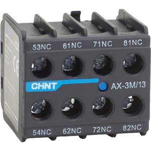 Tiếp điểm phụ cho công tắc tơ dòng NXC CHINT AX-3M/13 Top mounting; 4PST (1NO+3NC); Phương pháp đấu dây: Bắt vít; Dòng sản phẩm tương thích: NXC-06M01, NXC-06M10, NXC-09M01, NXC-09M10, NXC-12M01, NXC-12M10