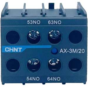 Tiếp điểm phụ cho công tắc tơ dòng NXC CHINT AX-3M/20 Top mounting; DPST (2NO); Phương pháp đấu dây: Bắt vít; Dòng sản phẩm tương thích: NXC-06M01, NXC-06M10, NXC-09M01, NXC-09M10, NXC-12M01, NXC-12M10