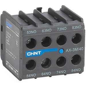Tiếp điểm phụ cho công tắc tơ dòng NXC CHINT AX-3M/40 Top mounting; 4PST (4NO); Phương pháp đấu dây: Bắt vít; Dòng sản phẩm tương thích: NXC-06M01, NXC-06M10, NXC-09M01, NXC-09M10, NXC-12M01, NXC-12M10