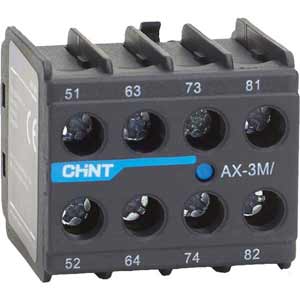 Tiếp điểm phụ cho công tắc tơ dòng NXC CHINT AX-3M/02 Top mounting; DPST (2NC); Phương pháp đấu dây: Bắt vít; Dòng sản phẩm tương thích: NXC-06M01, NXC-06M10, NXC-09M01, NXC-09M10, NXC-12M01, NXC-12M10