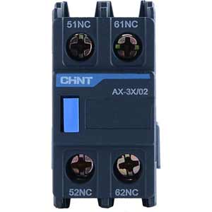 Tiếp điểm phụ cho công tắc tơ dòng NXC CHINT AX-3X/02 Top mounting; DPST (2NC); Phương pháp đấu dây: Bắt vít; Dòng sản phẩm tương thích: NXC-265, NXC330, NXC-400, NXC-500, NXC-630