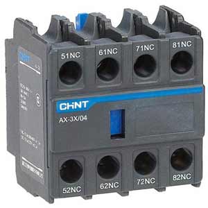 Tiếp điểm phụ cho công tắc tơ dòng NXC CHINT AX-3X/04 Top mounting; 4PST (4NC); Phương pháp đấu dây: Bắt vít; Dòng sản phẩm tương thích: NXC-265, NXC330, NXC-400, NXC-500, NXC-630