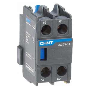 Tiếp điểm phụ cho công tắc tơ dòng NXC CHINT AX-3X/11 Top mounting; DPST (1NO+1NC); Phương pháp đấu dây: Bắt vít; Dòng sản phẩm tương thích: NXC-265, NXC330, NXC-400, NXC-500, NXC-630