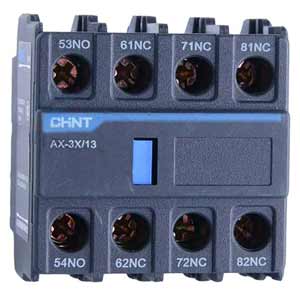 Tiếp điểm phụ cho công tắc tơ dòng NXC CHINT AX-3X/13 Top mounting; 4PST (1NO+3NC); Phương pháp đấu dây: Bắt vít; Dòng sản phẩm tương thích: NXC-265, NXC330, NXC-400, NXC-500, NXC-630