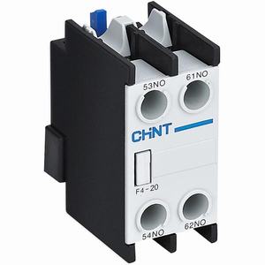 Tiếp điểm phụ cho công tắc tơ NC2 CHINT F4-20 Lắp phía trước; DPST (2NO); Phương pháp đấu dây: Bắt vít; Dòng sản phẩm tương thích: NC2 series
