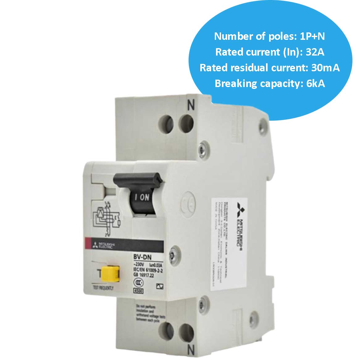 Aptomat chống dòng rò và bảo vệ quá dòng MITSUBISHI BV-DN6 1PN 32A 30MA 6kA