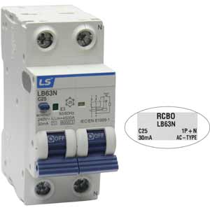 Aptomat chống giật dòng ngắn mạch 6kA LS LB63N 1P+N C25 30mA AC-TYPE