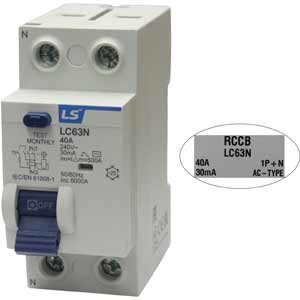 Áp tô mát chống giật dòng ngắn mạch 6kA LS LC63N 1P+N 40A 30mA AC-TYPE