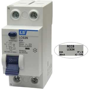 Áp tô mát chống giật dòng ngắn mạch 6kA LS LC63N 1P+N 63A 30mA AC-TYPE