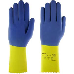 Găng tay cao su hai màu ANSELL AlphaTec 87-224 (9) Kích cỡ: 9; Vật liệu lớp phủ: Cao su latex tự nhiên, Hỗn hợp cao su tổng hợp; Màu sắc: Xanh dương và vàng; Kiểu bao phủ: Toàn bộ bàn tay; Kiểu đóng bao tay: Mở