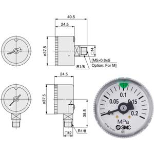 Đồng hồ đo áp suất SMC GA36-2-01-X2 Đường kính vòng số: 37.5mm; Loại áp suất: Tuyệt đối; 0.2Mpa; Vị trí đầu nối: Phía dưới; Lưu chất: Không khí; Kiểu đầu nối: Ren