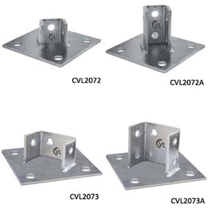 Đệm đế - phụ kiện thanh chống đa năng CVL CVL2072A-HDG Material: Steel; Surface treatment: Hot-dip galvanized steel; Screw hole size: D14mm; Number of screw holes: 4; Base dimension: 152x152x6mm; Height of clamp holding strut: 89mm; Clamping ability: 1 Unistrut channel